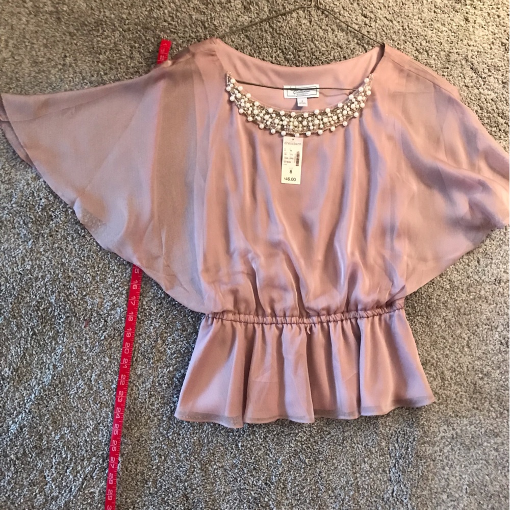 Dressbarn Brand Mauve Blouse with faux Pearl Appliqué